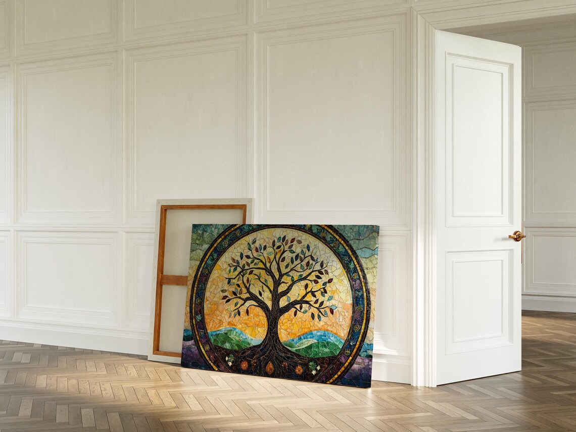 Stained Glass Tree Of Life Mosaic In Golden Sunset Circle Poster - Image 5