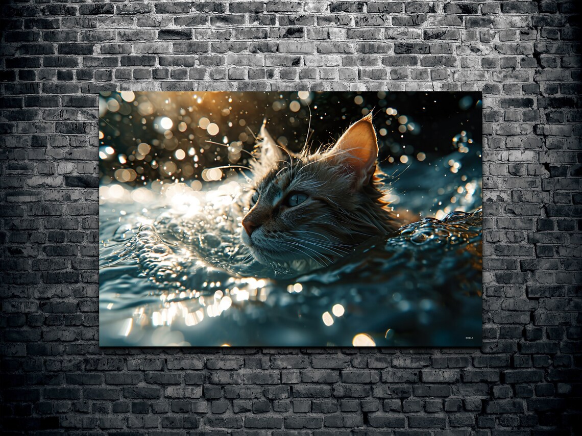 Cat In Water Wall Art Print, Animal Landscape - Image 2
