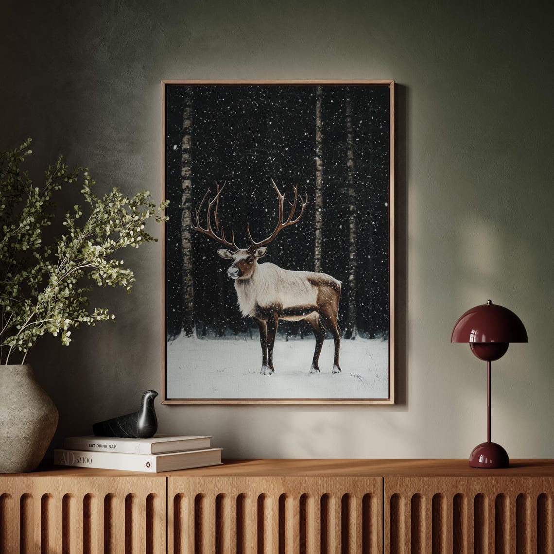 Reindeer Standing in Snowy Night Forest Winter Wildlife Poster - Image 7