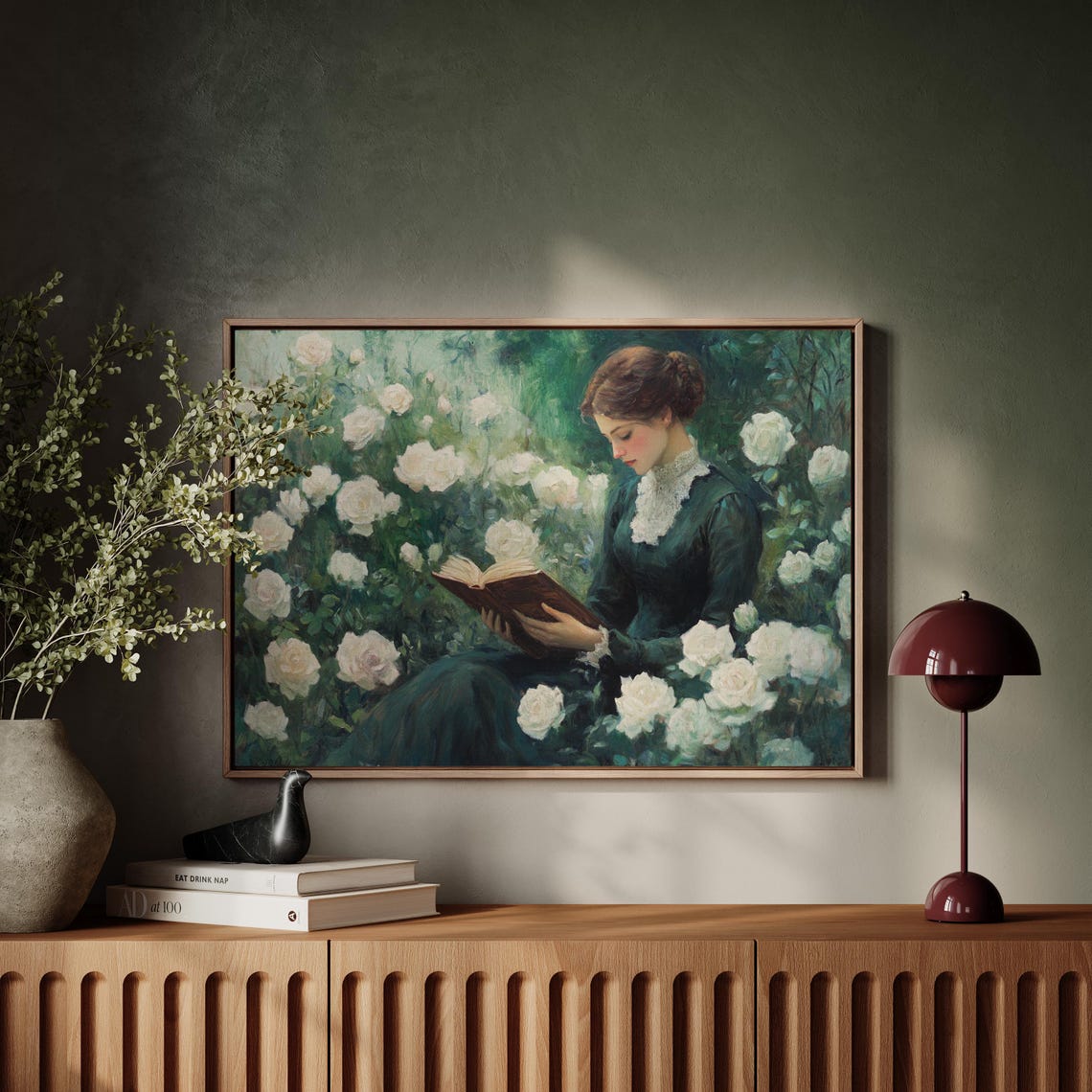 Elegant Woman Reading Amid White Roses Vintage Garden Poster