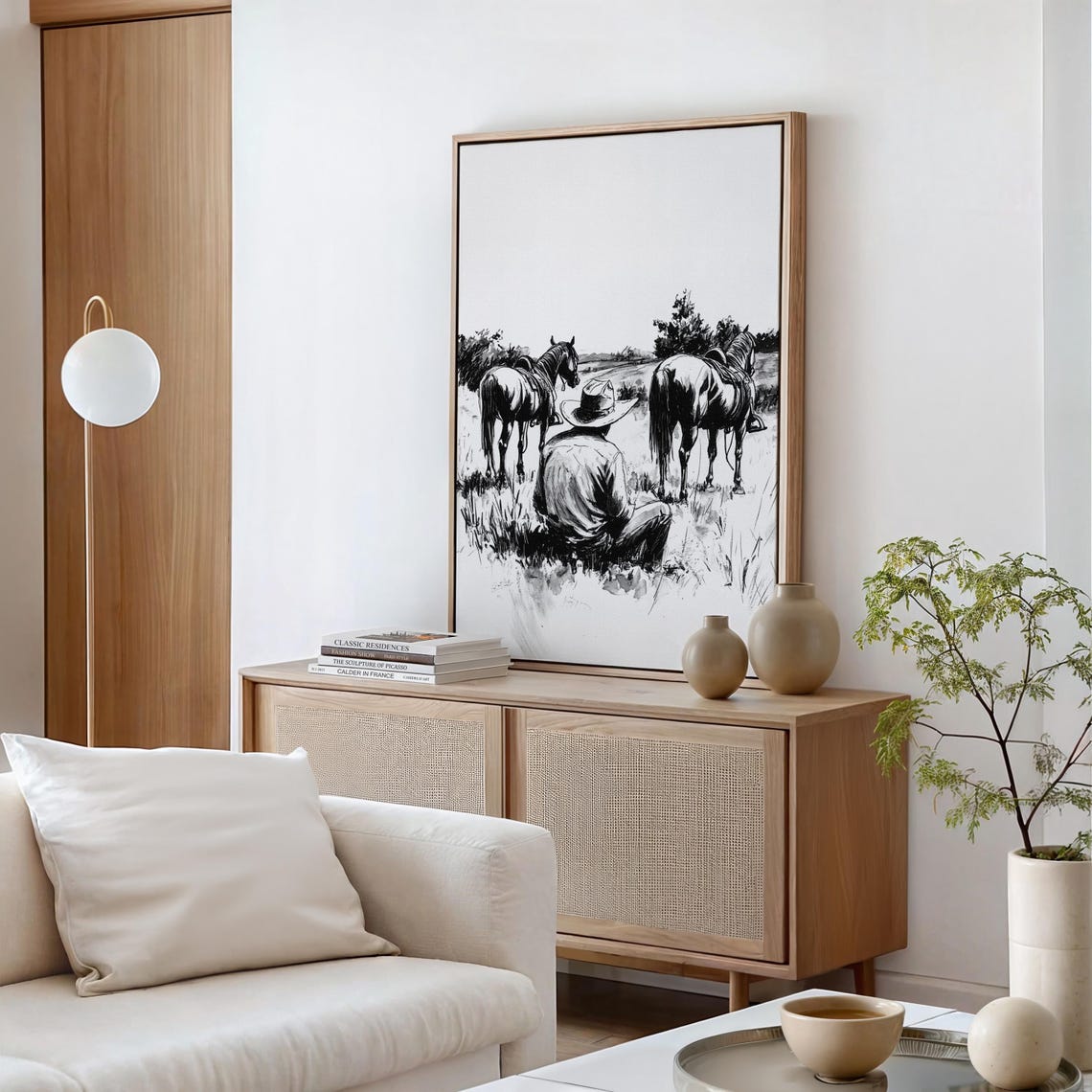 Seated Cowboy with Two Horses in Open Prairie Ink Sketch Poster - Image 2