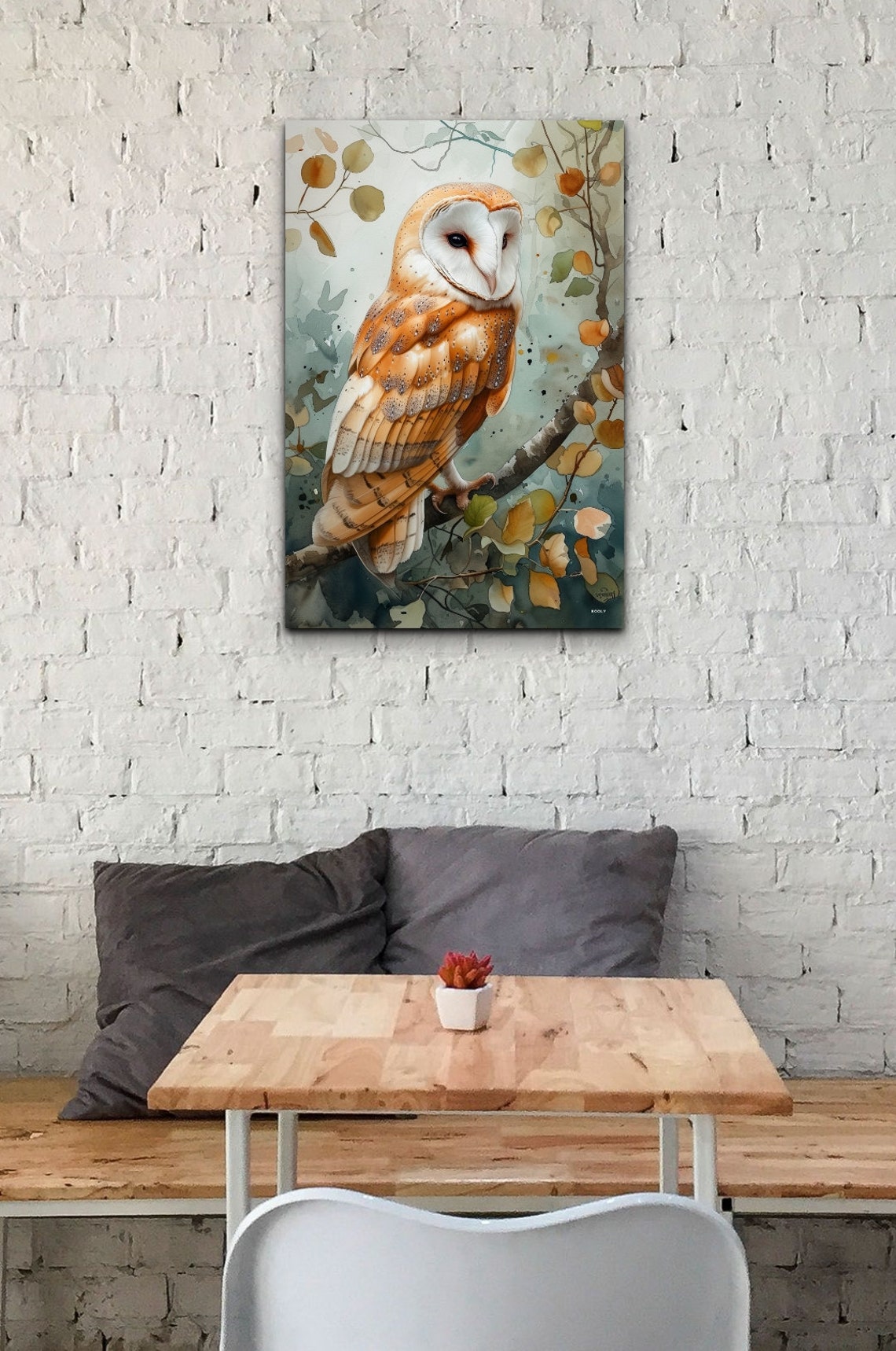 Barn Owl Perched Branch Autumn Leaves Watercolor Bird Poster - Image 7
