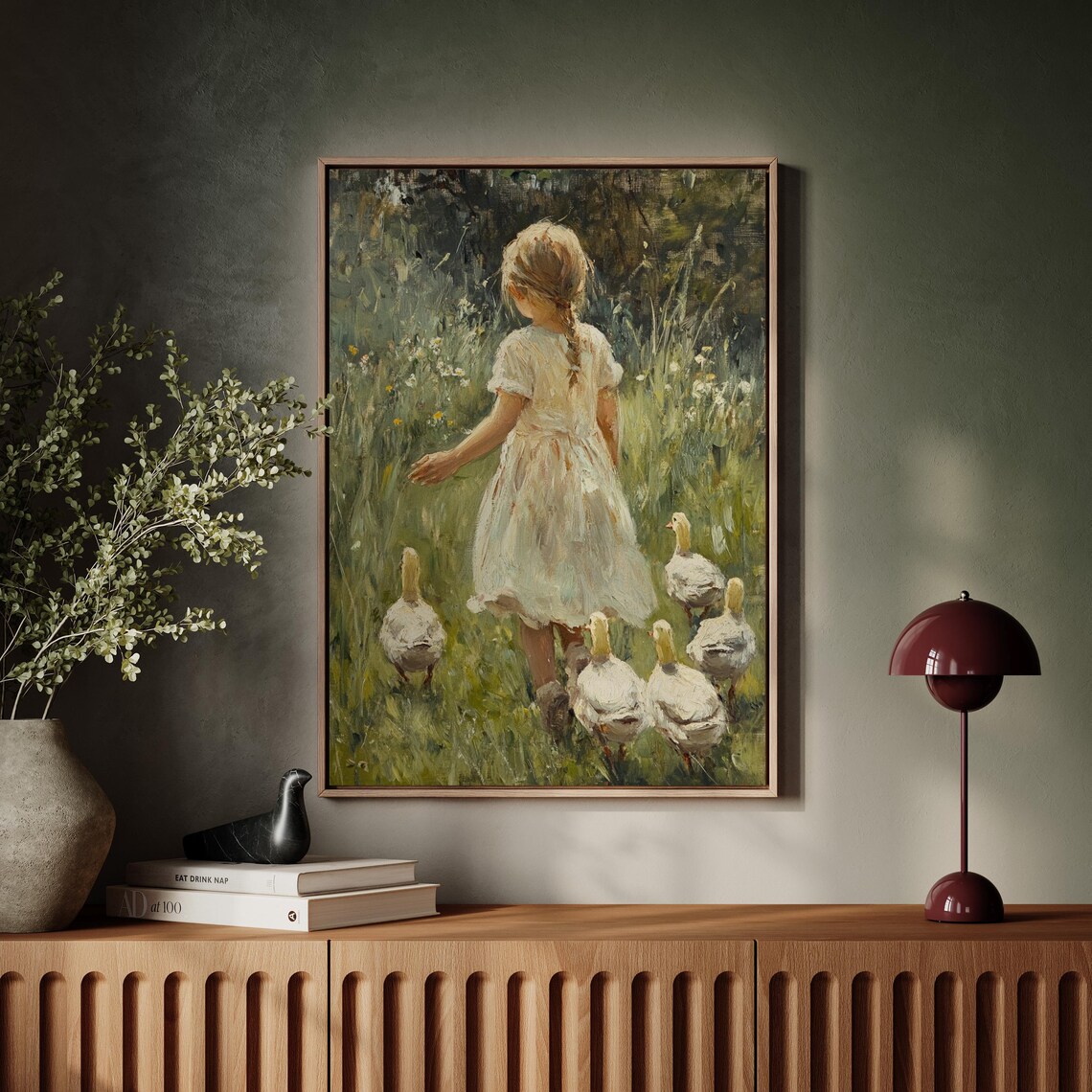 Young Girl With Ducks In Meadow, Vintage Art Print - Image 7
