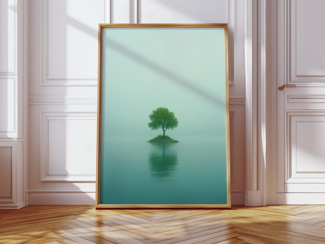 Minimalist Tree Water Serene Green Island Reflection Calm Poster