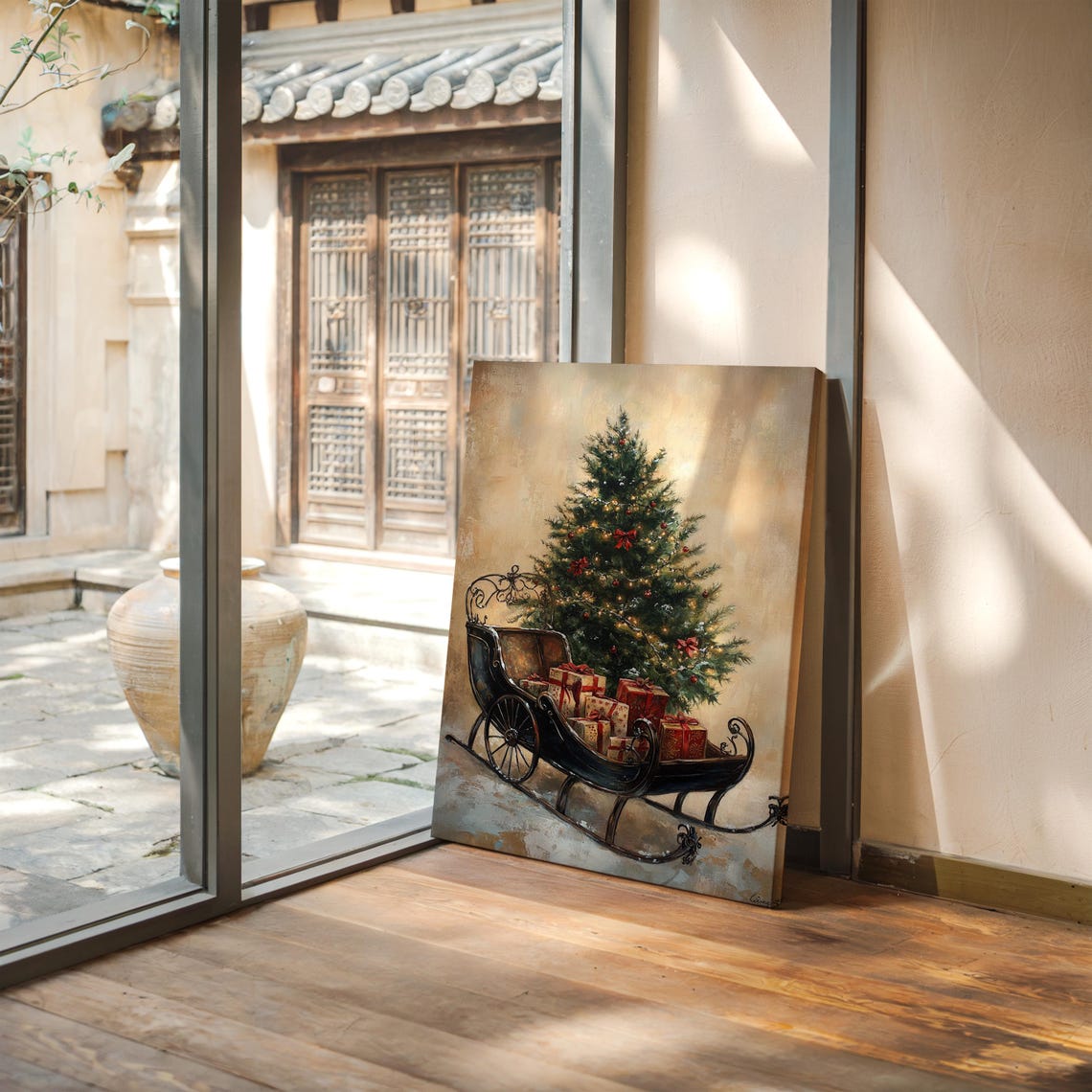 Rustic Christmas Sleigh With Glowing Tree Gifts Poster Print - Image 2