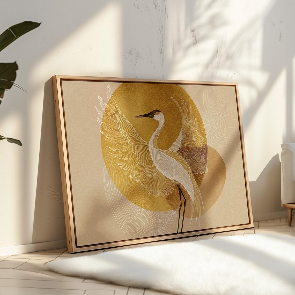 Golden Sun Crane Spreading Wings Japanese Line Art Elegant Bird Poster
