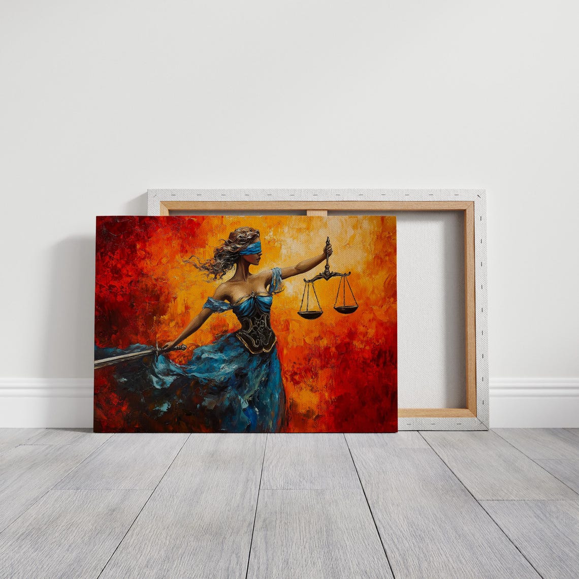 Lady Justice Scales Of Law Blue Gown Dramatic Red Artwork Poster - Image 2