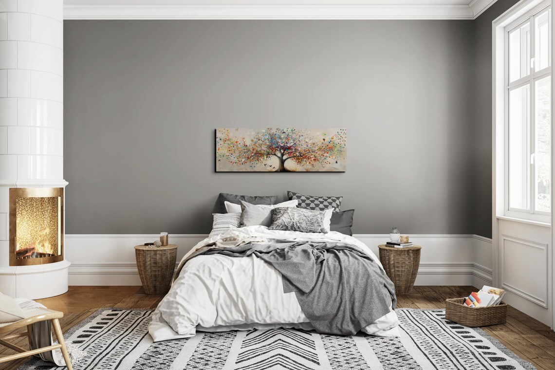 Colorful Tree of Life Confetti Leaves Birds Panoramic Art Poster - Image 7
