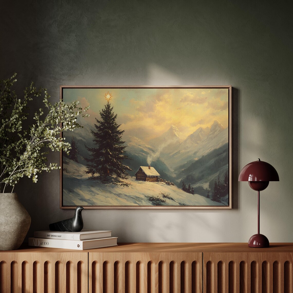Rustic Christmas Cabin, Snowy Mountain Sunset - Image 6