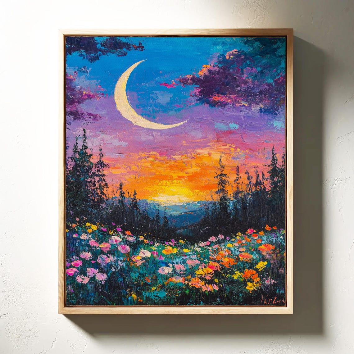 Crescent Moon Wildflower Forest Sunset Night Sky Vibrant Poster - Image 7