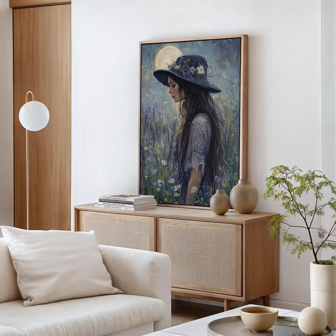 Dreamy Woman in a Flower Covered Hat Beneath a Golden Moon Poster - Image 4