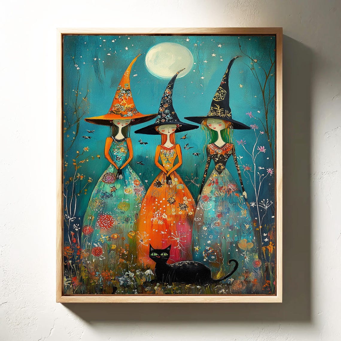 Whimsical Witch Trio Under Full Moon Floral Dresses Halloween Poster - Image 4
