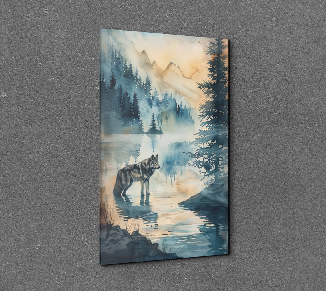 Watercolor Wolf at a Misty Mountain Lake Naturescape Wall Art - Image 3