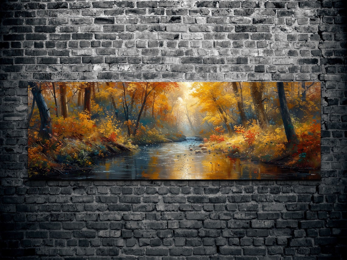 Panoramic Autumn Forest Stream Golden Light Fall Painting Poster - Image 2