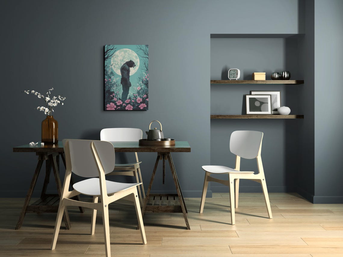 Werewolf Silhouette Pink Wildflowers Teal Full Moon Horror Poster - Image 6