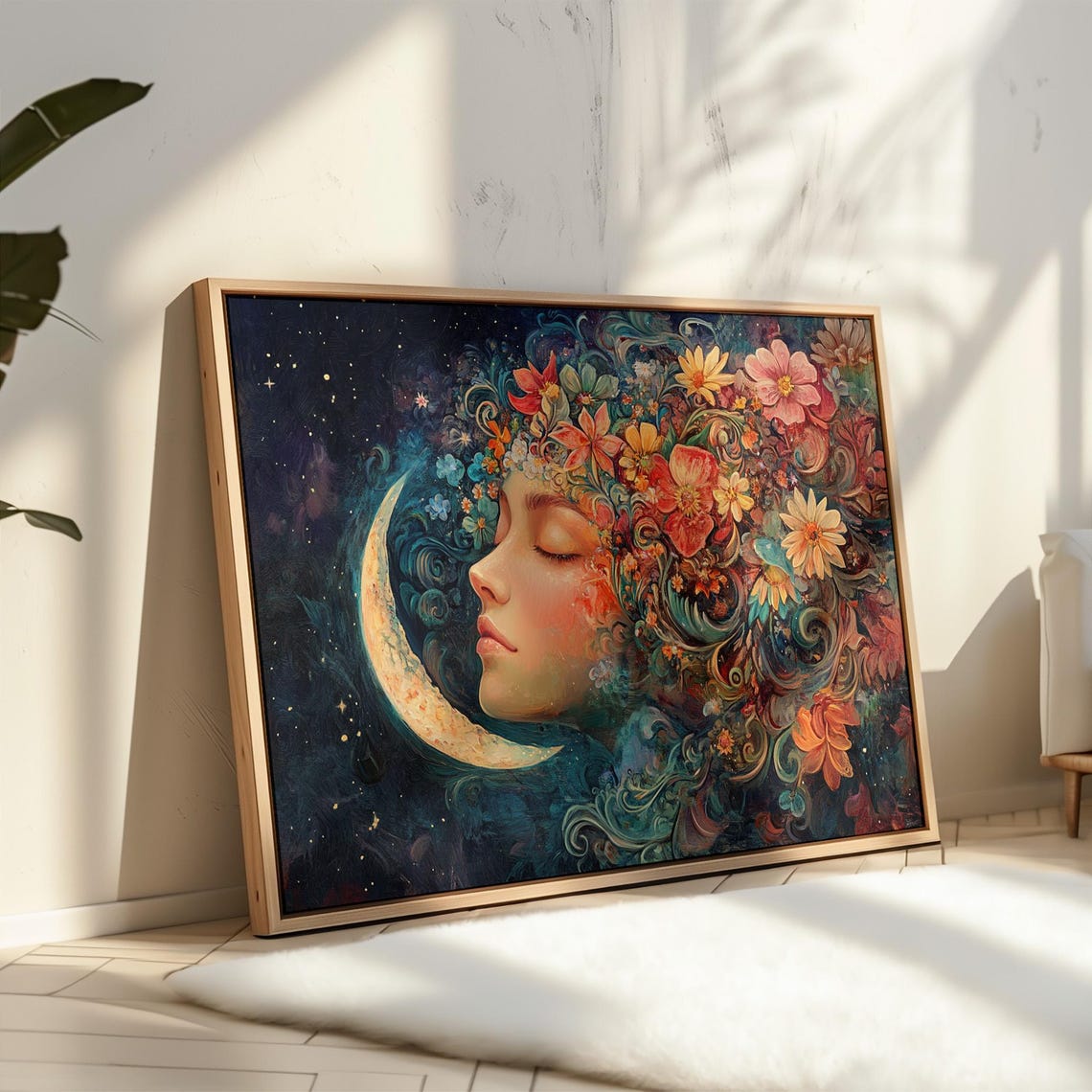 Dreamy Celestial Woman With Flower Hair And Crescent Moon Poster - Image 3
