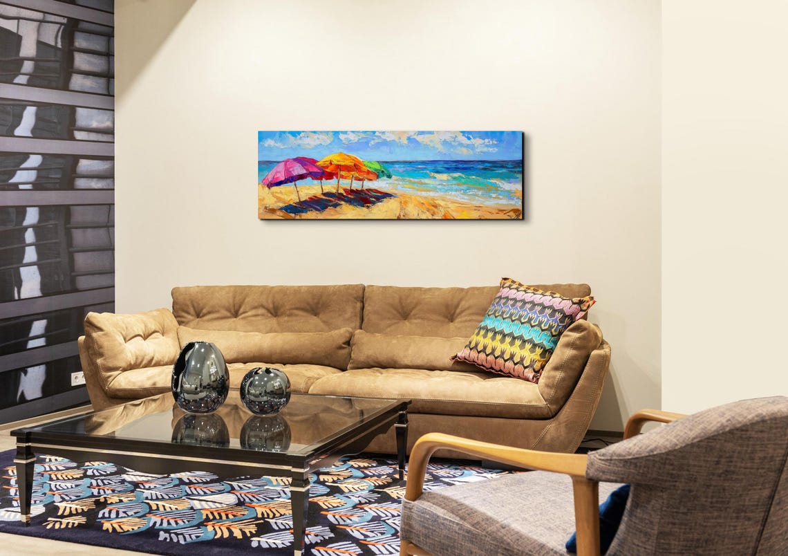 Colorful Beach Umbrellas On Sandy Shore Ocean View Panoramic Poster - Image 3