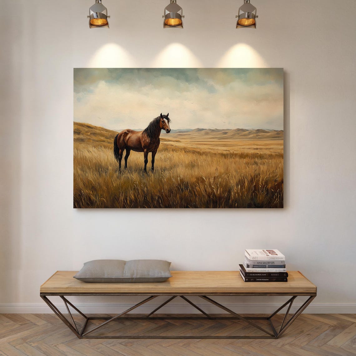 Solitary Wild Horse in Tall Golden Prairie Grass Landscape Poster - Image 4