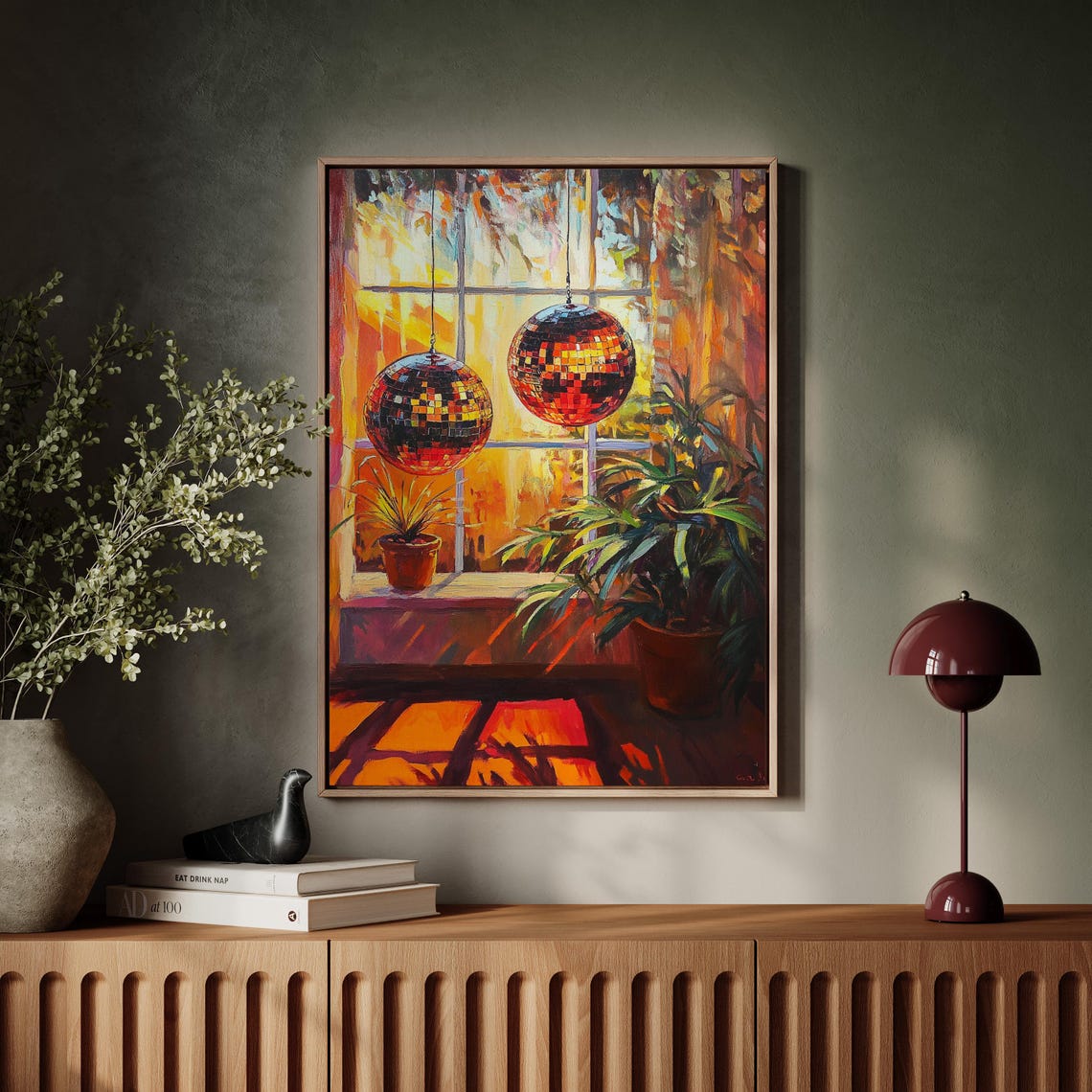 Retro Disco Ball Art Warm Sunset Glow With Hanging Disco Balls Indoor Plants And Vibrant Reflections Boho Wall Decor - Image 7
