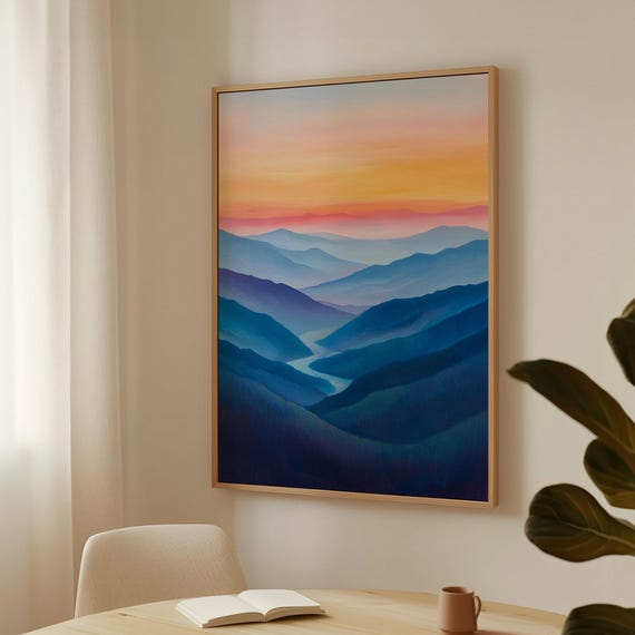 Abstract Mountain Landscape Serene River And Misty Hills At Sunrise Vibrant Sunset Wall Art