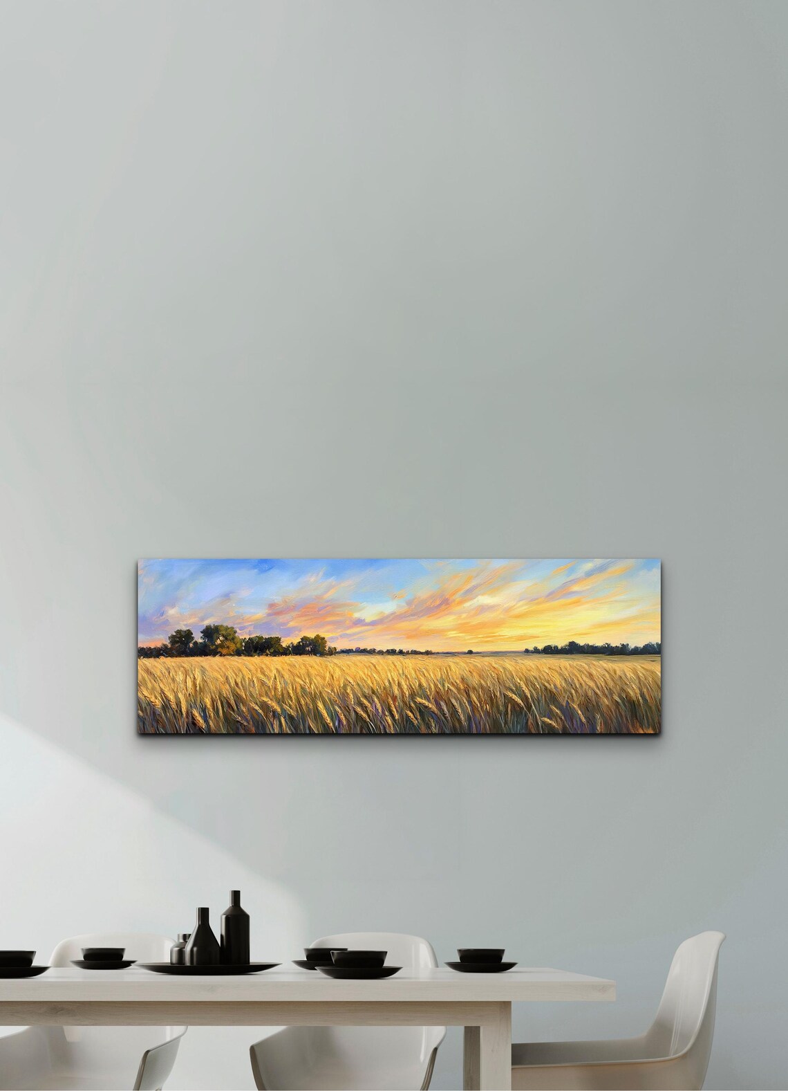 Serene Wheat Landscape, Tranquil Panorama Art - Image 3