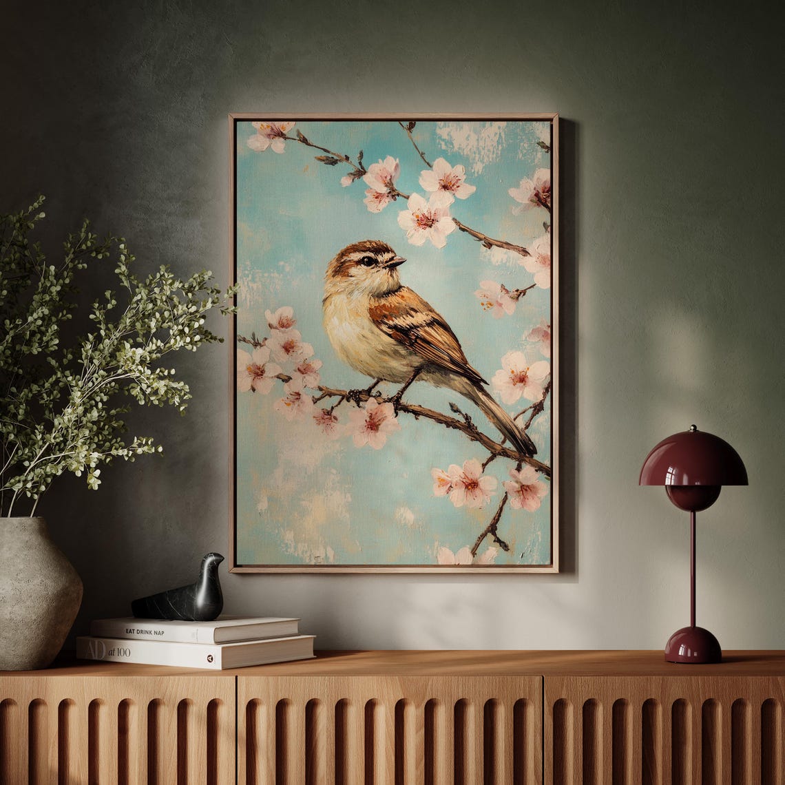 Sparrow Perched on Cherry Blossom Branch Pastel Teal Bird Art Print