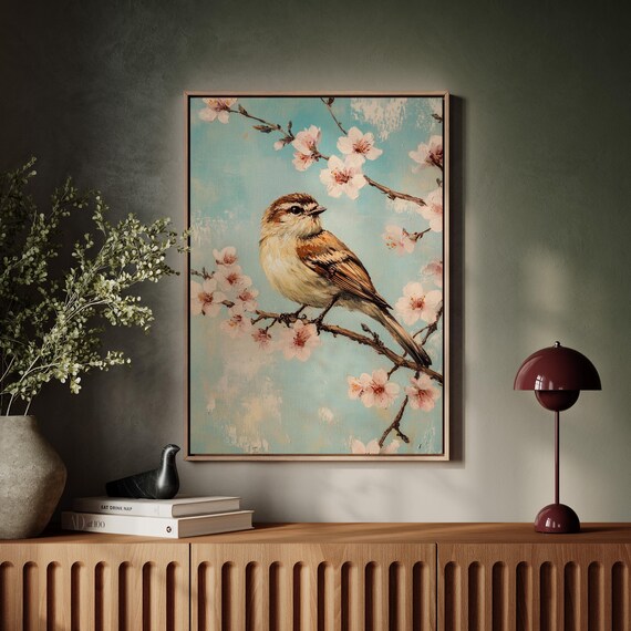 Sparrow Perched on Cherry Blossom Branch Pastel Teal Bird Art Print