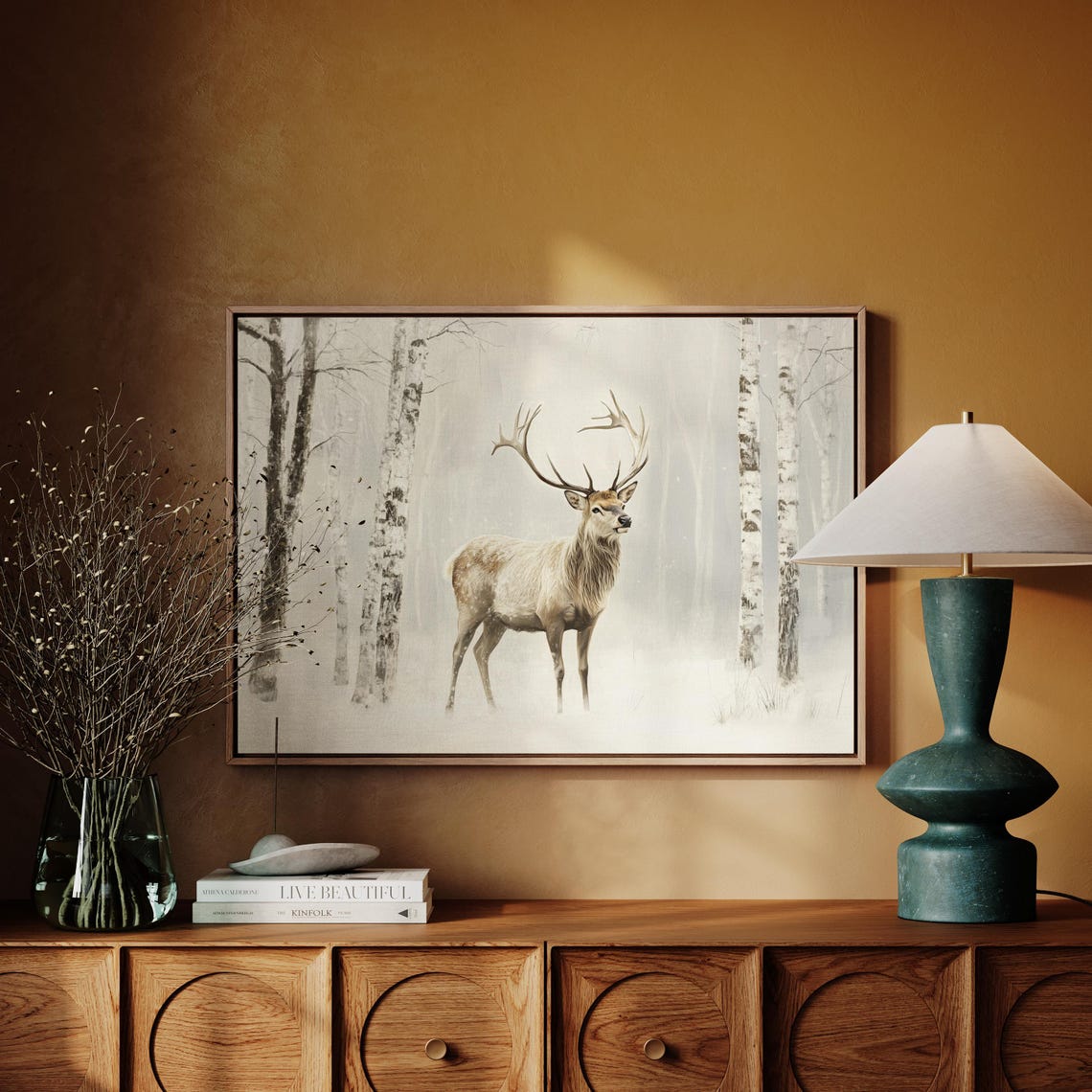 Majestic Stag Facing Forward In Snowy Birch Forest Warm Winter Poster - Image 6