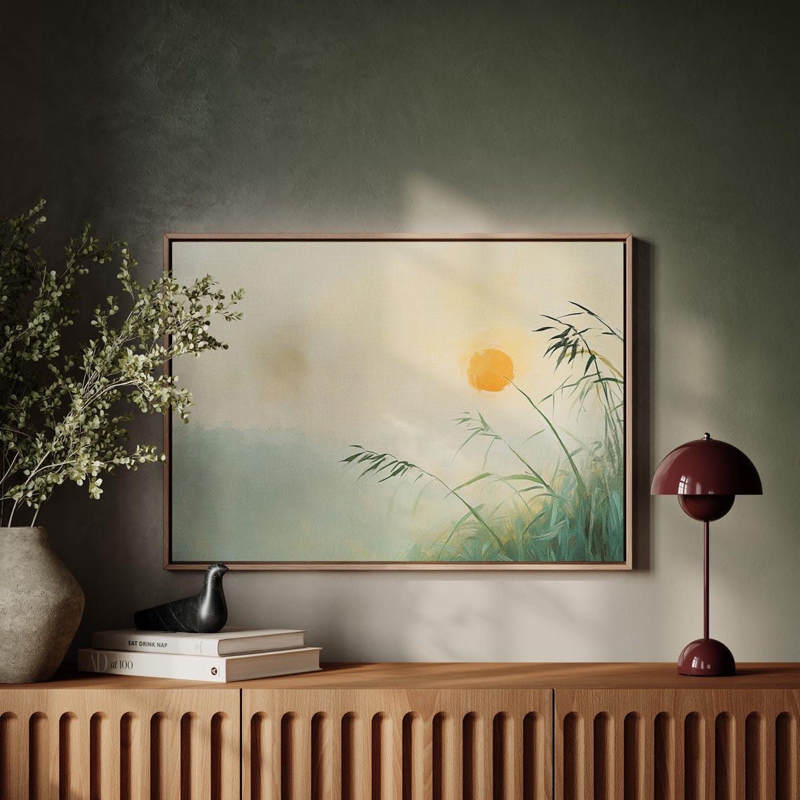 Tranquil Bamboo Orange Sun Misty Green Zen Landscape Wall Art - Image 3