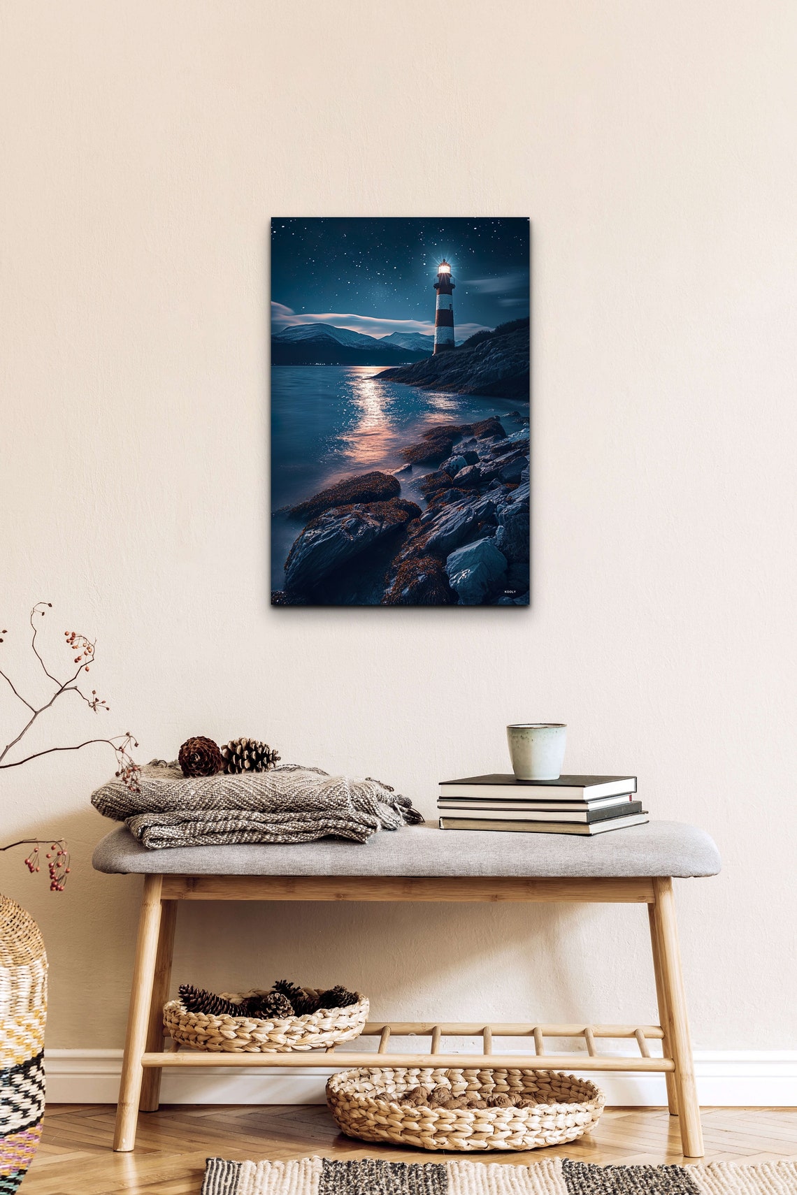 Lighthouse At Night Starry Sky Rocky Coast Ocean Beacon Wall Art - Image 3
