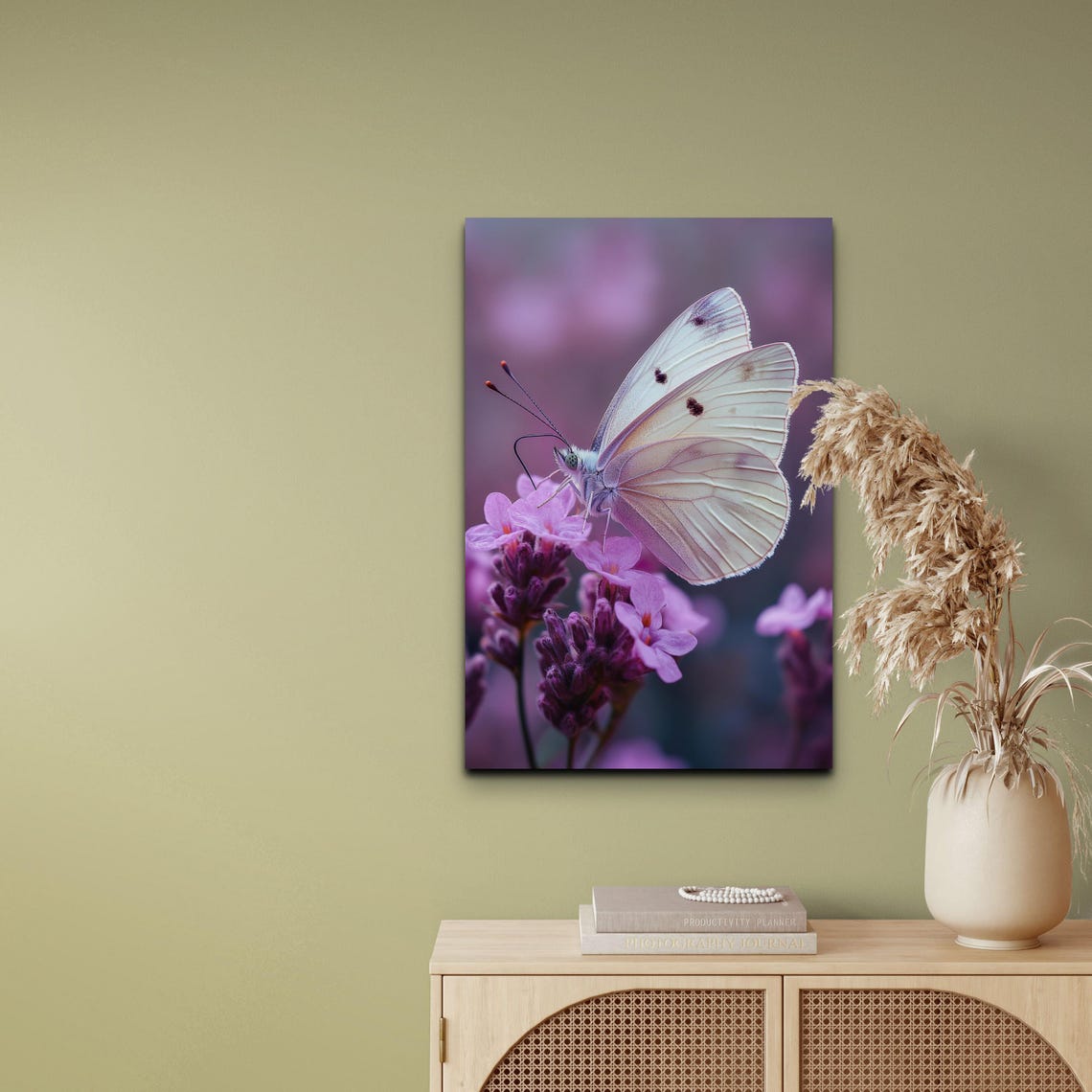 White Butterfly Resting on Purple Flowers Macro Photography Poster - Image 4