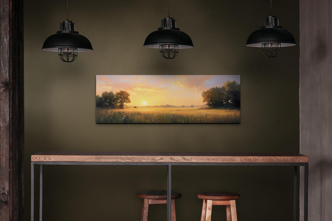 Sun Setting Over Golden Meadow Wildflowers Panoramic Oil Poster - Image 6