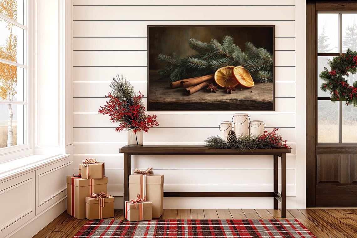 Rustic Winter Still Life Pine Cinnamon Dried Orange Holiday Wall Art