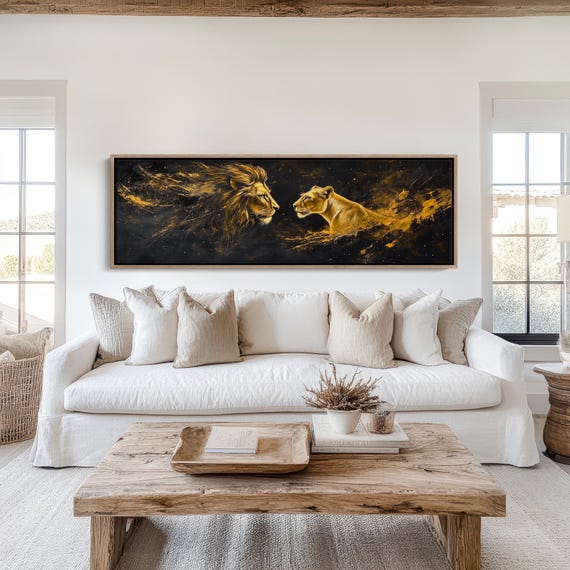 Lion And Lioness Abstract Golden Safari Wall Art Majestic Big Cat Painting Regal Wildlife Print Bold Jungle Home Decor