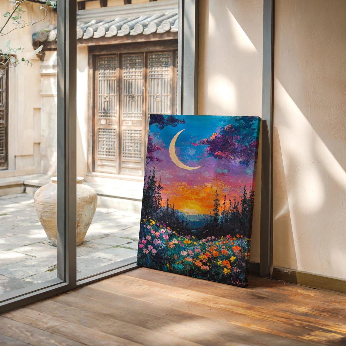Crescent Moon Wildflower Forest Sunset Night Sky Vibrant Poster - Image 4