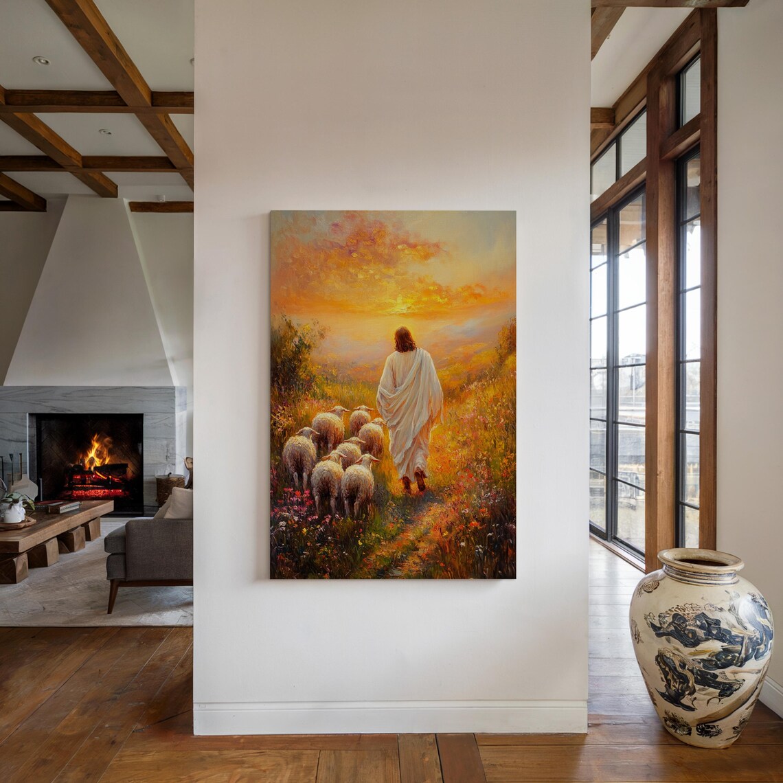 Jesus Leading His Flock Through a Wildflower Meadow at Golden Sunset Poster - Image 4