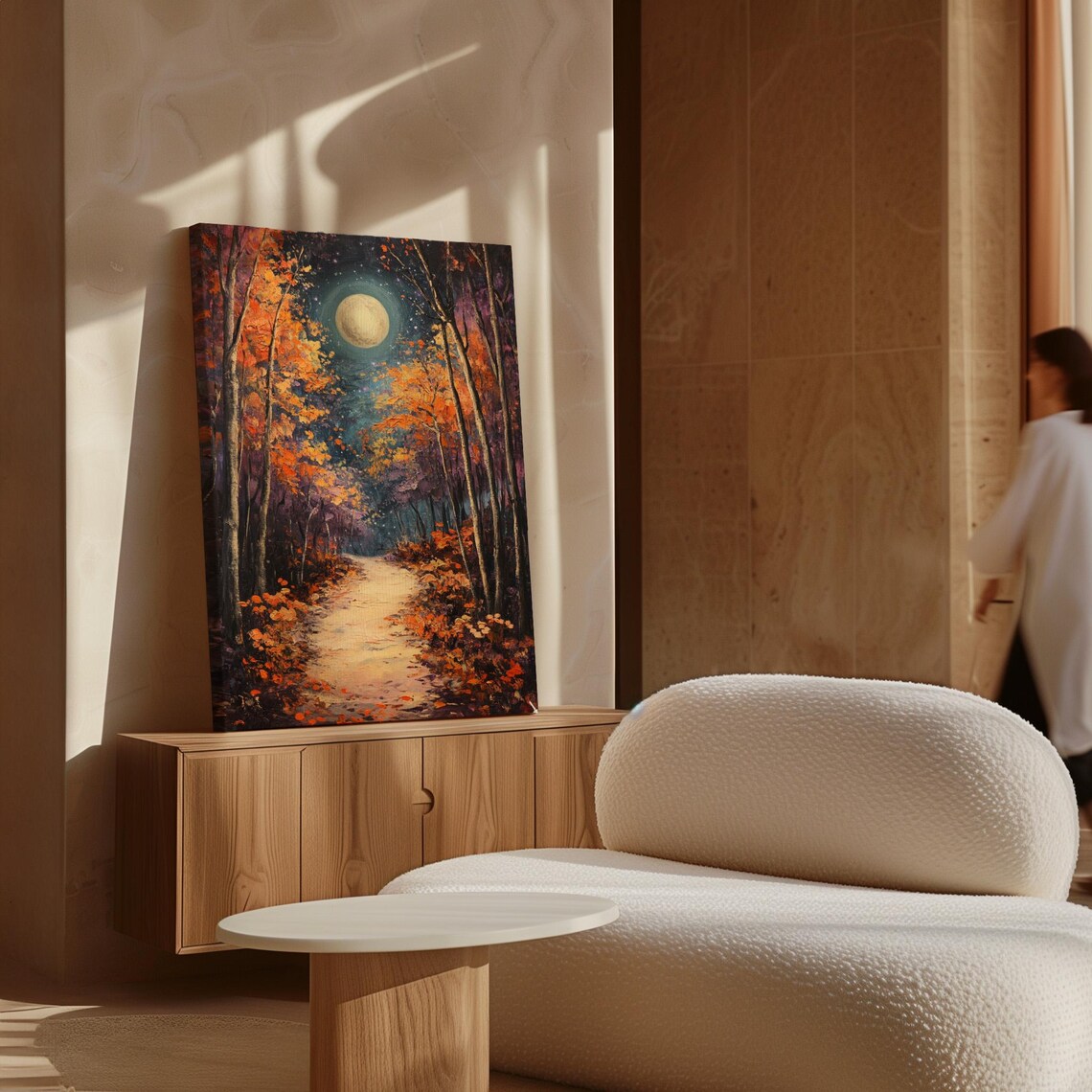 Autumn Forest Path With Full Moon, Rustic Nature Art - Image 6