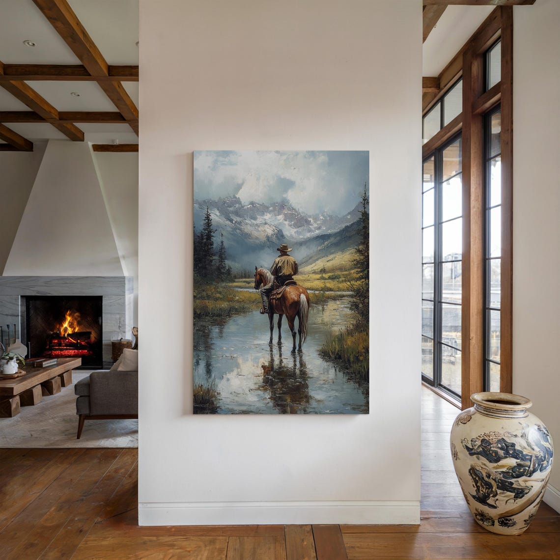Lone Cowboy Crossing a Misty Mountain Stream on Horseback Poster - Image 2