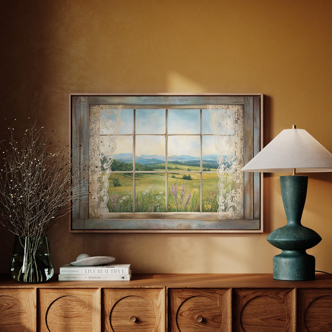 Rustic Window View Over Wildflower Meadow Vintage Lace Poster - Image 3