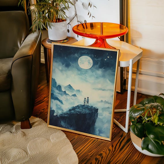 Moonlit Mountain Cliff Canvas Two Kids Holding Hands Under Starry Sky Dreamy Blue Night Landscape Wall Art Whimsical Fantasy Decor