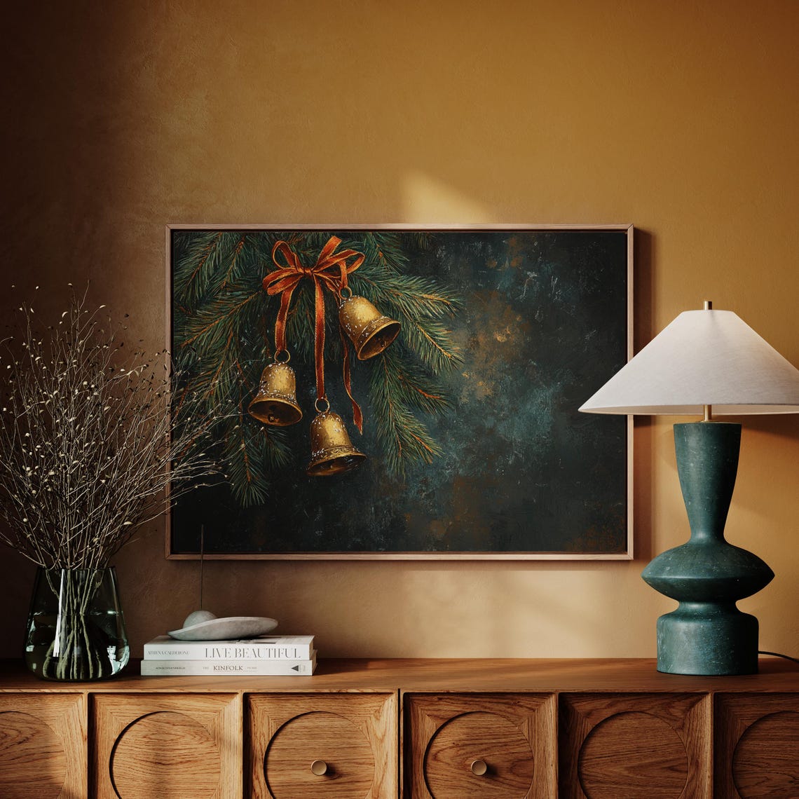 Golden Bells With Orange Ribbon Bow On Pine Dark Christmas Poster