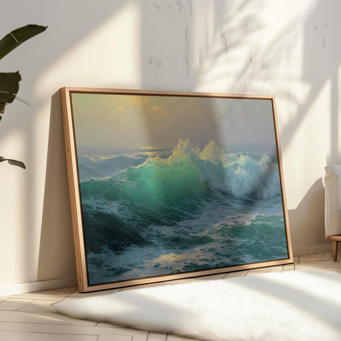 Golden Sunlight Ocean Wave With Seagulls Seascape Art Poster