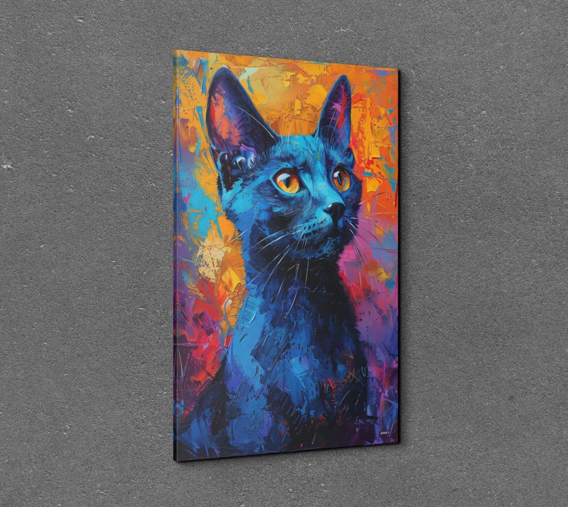 Colorful Blue Cat Portrait Pop Art on Orange Background Wall Art