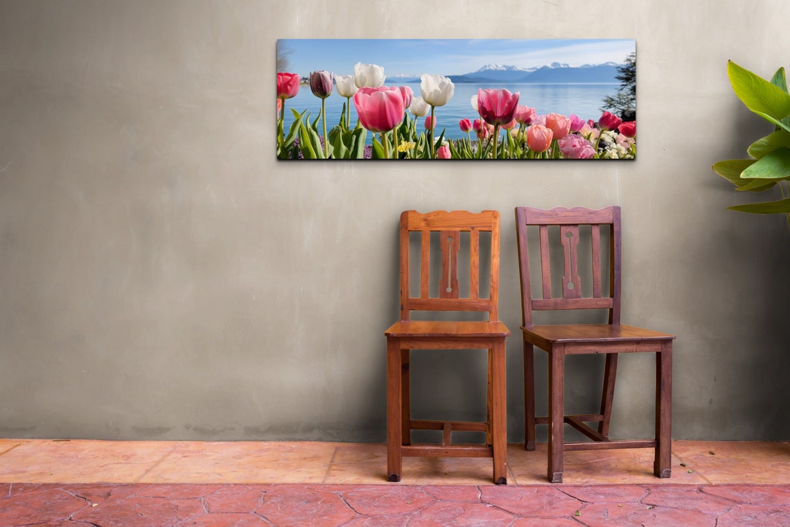 Colorful Tulips Blooming Beside a Lake with Snowy Mountains Poster - Image 7