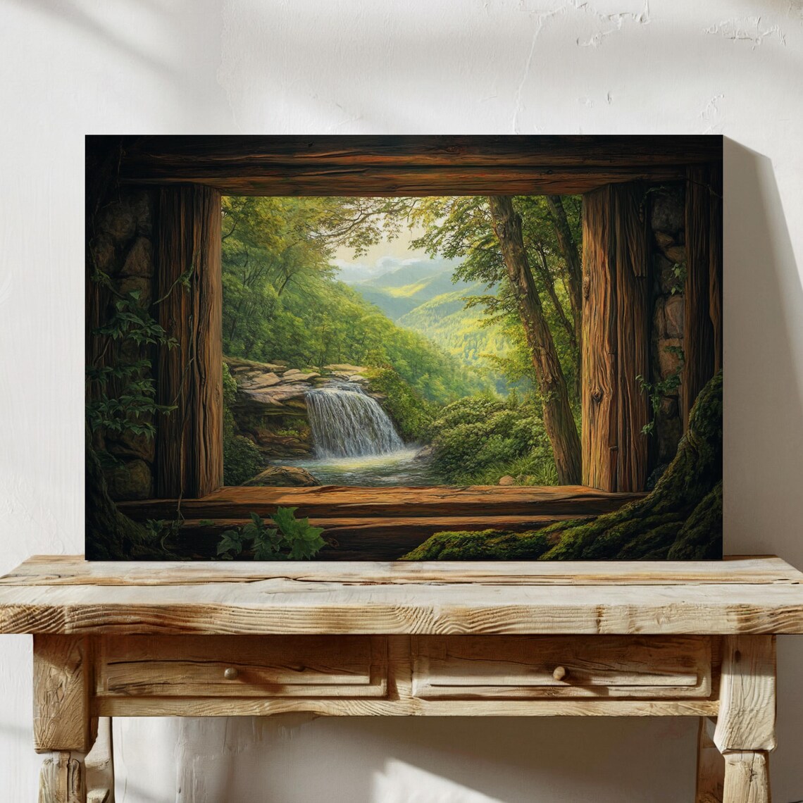 Rustic Window Waterfall Nature Landscape Wall Art Cabin View Painting Lush Green Forest Poster Tranquil Scenic Home Decor - Image 4