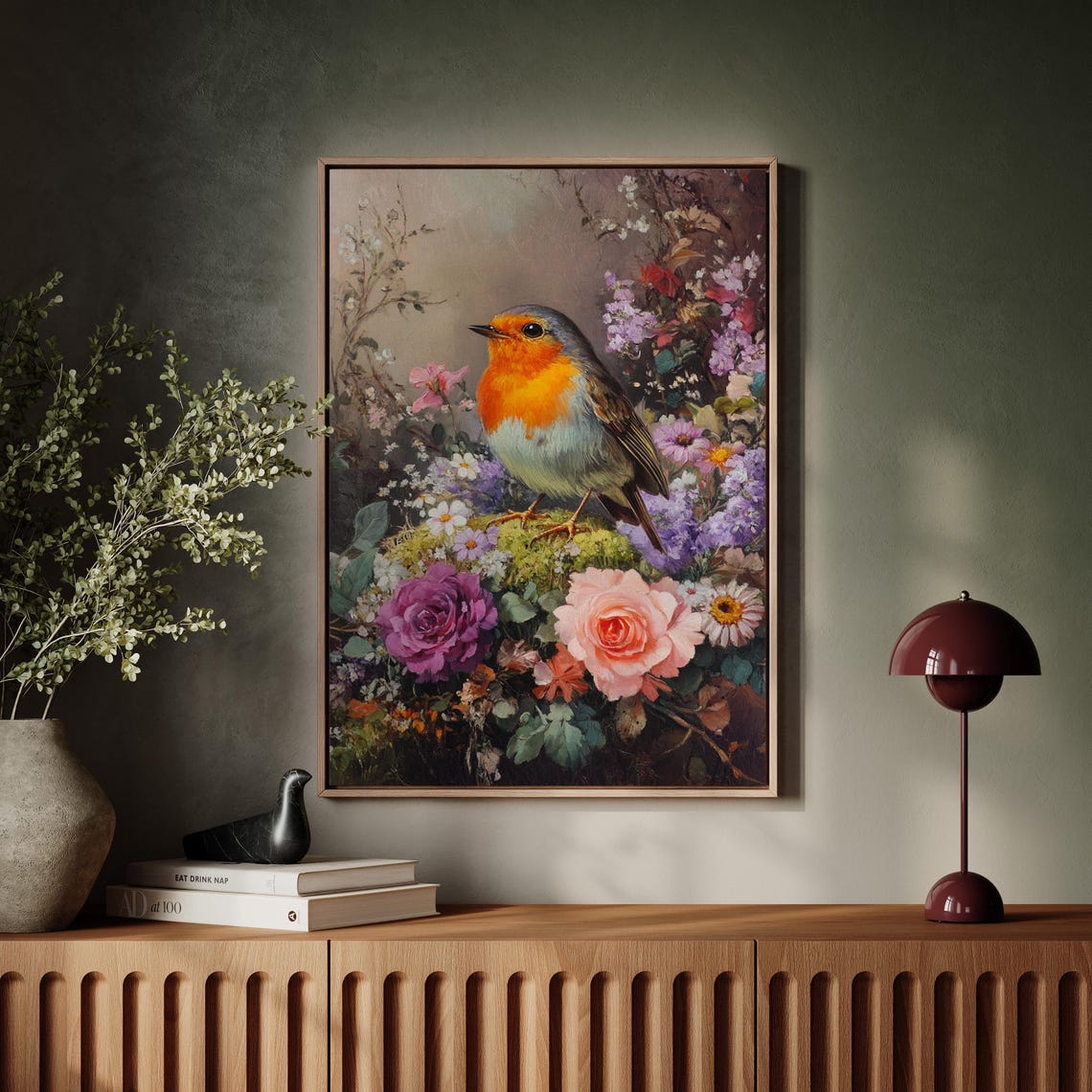 Orange Breasted Robin Mossy Stump Blooming Rose Garden Poster - Image 6
