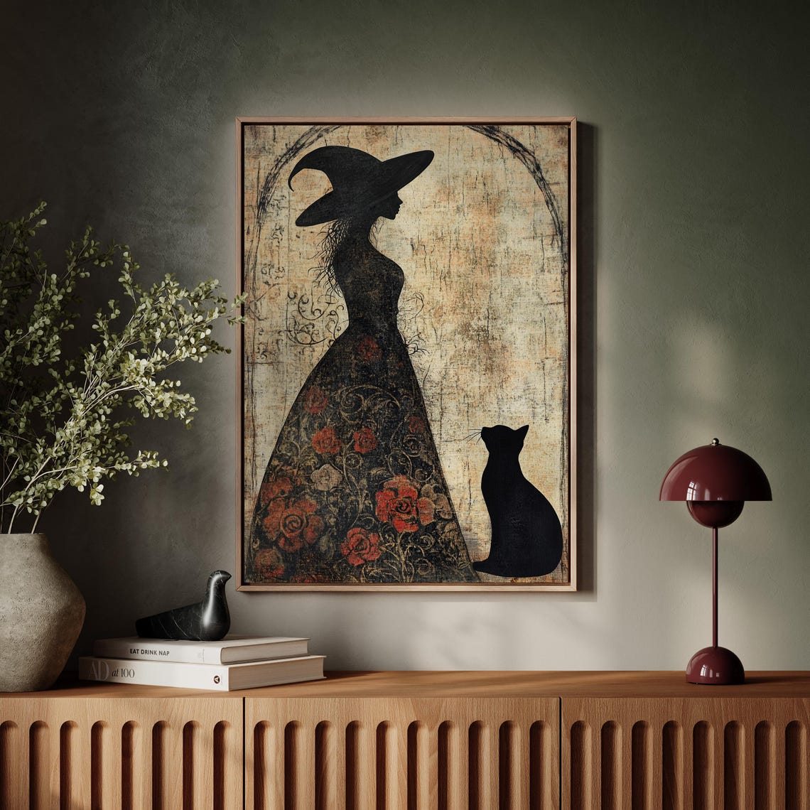 Witch Silhouette With Black Cat Vintage Halloween Moody Art Poster