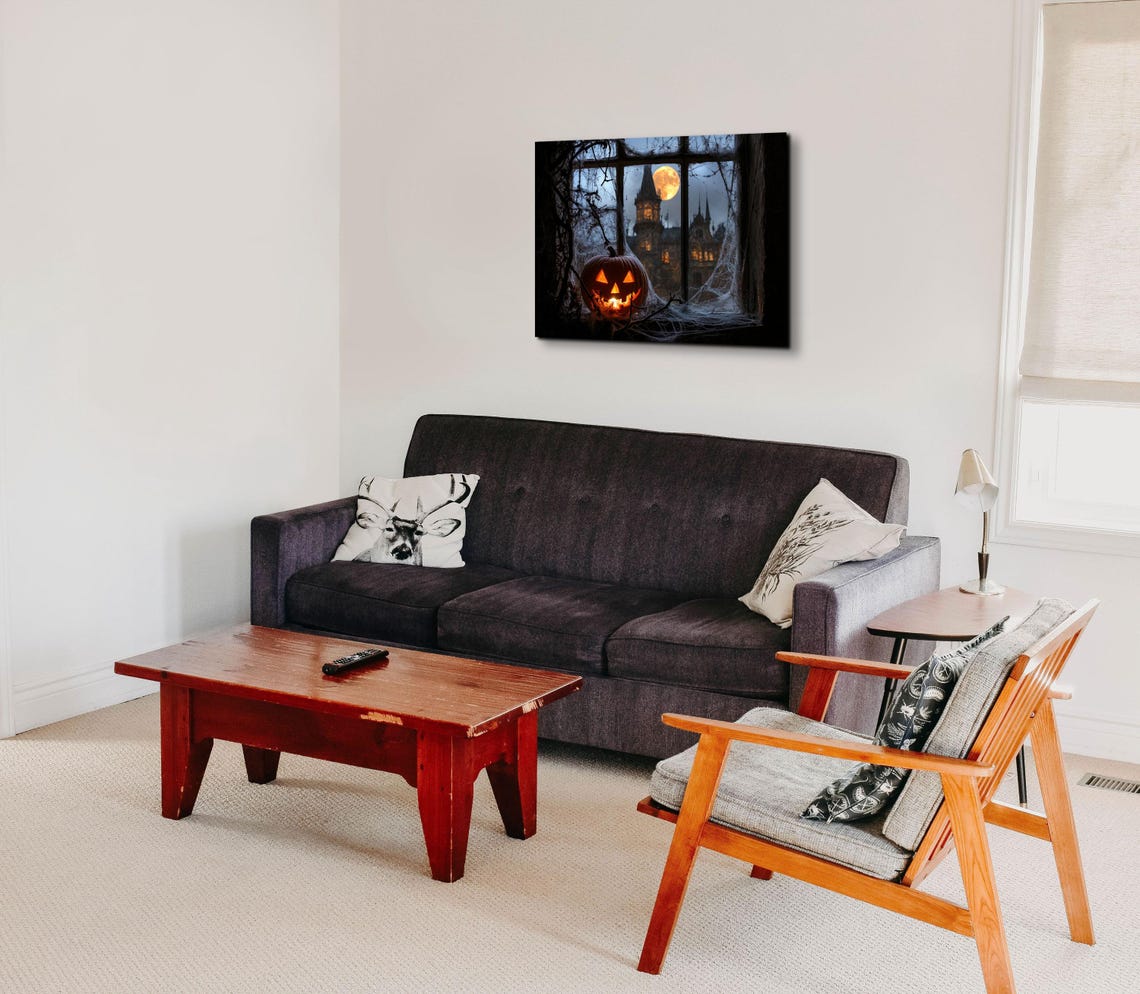 Glowing Pumpkin on Old Window Ledge With Moonlit Castle Beyond Poster - Image 5