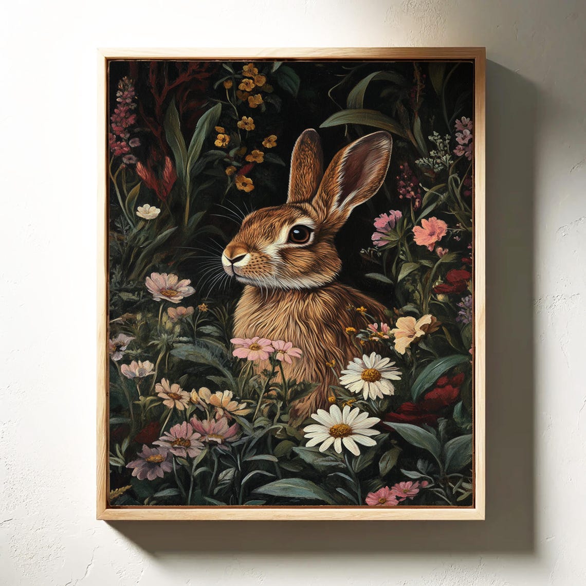 Adorable Brown Rabbit Among Wildflowers Dark Botanical Poster - Image 3