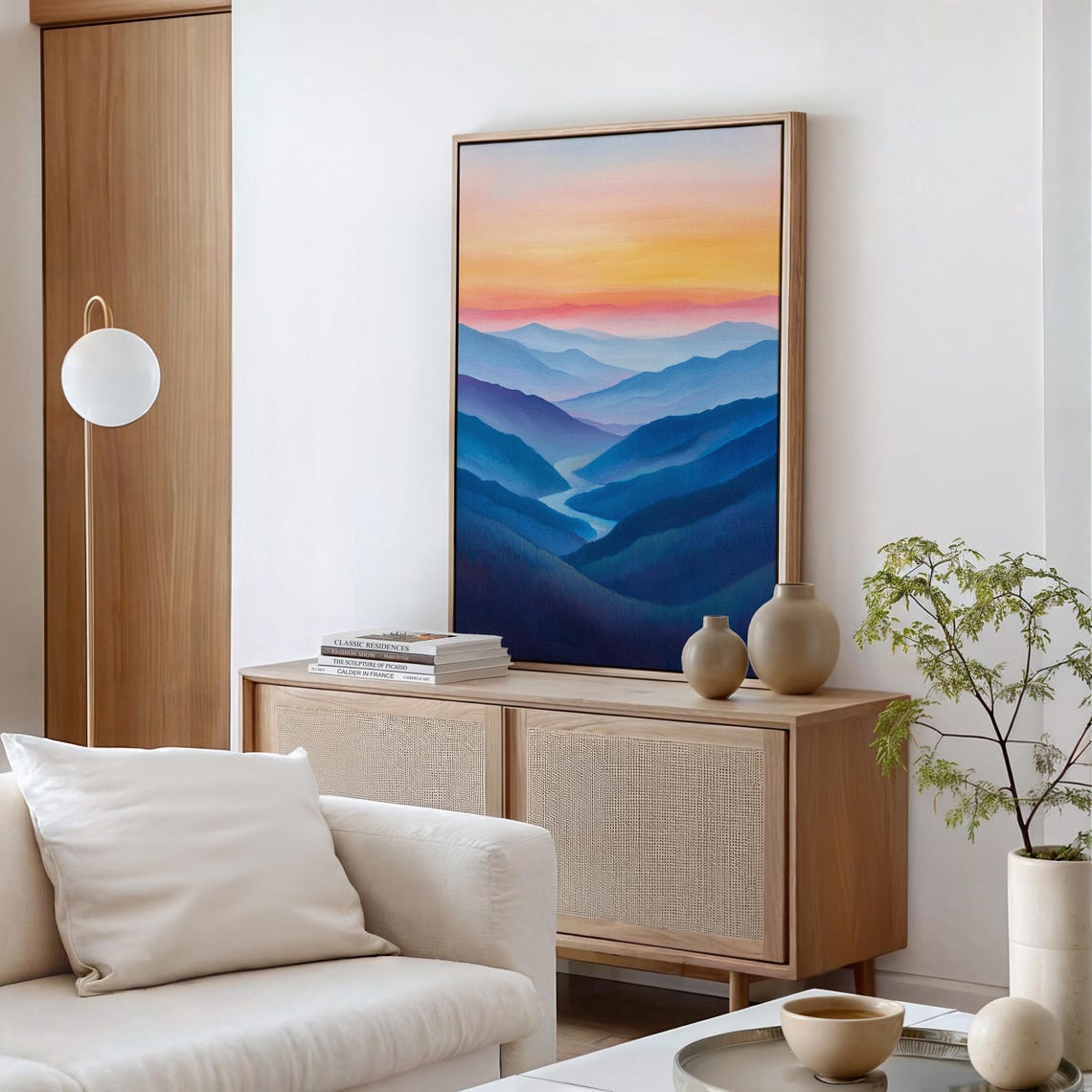 Abstract Mountain Landscape Serene River And Misty Hills At Sunrise Vibrant Sunset Wall Art - Image 3